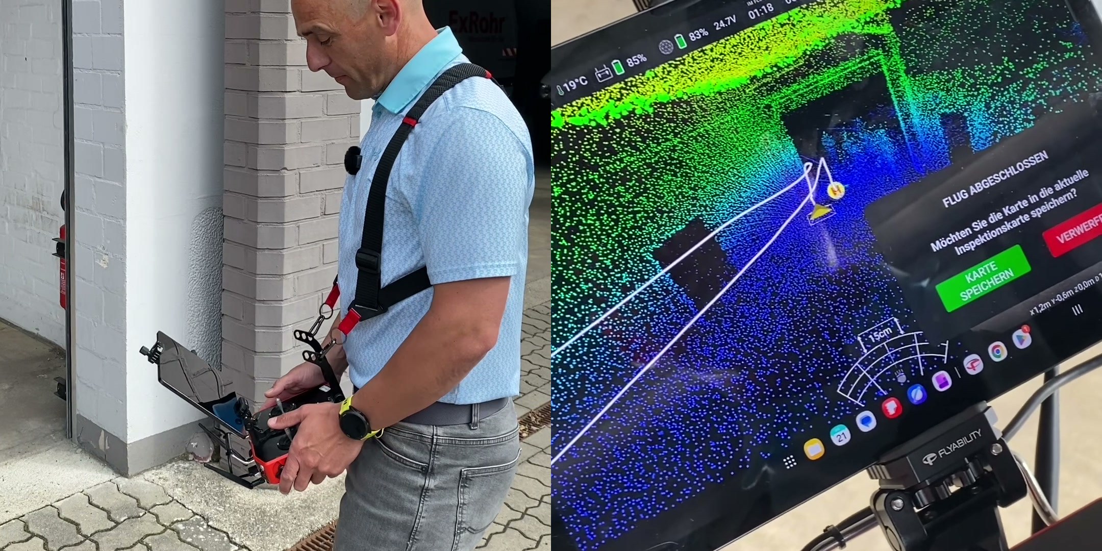 Links Thomas G&uuml;ttler von ExRohr mit der Fernsteuerung am Tragegurt, rechts das Tablet der Steuerung mit der farbigen Punktwolke und der Meldung, dass der Flug abgeschlossen ist