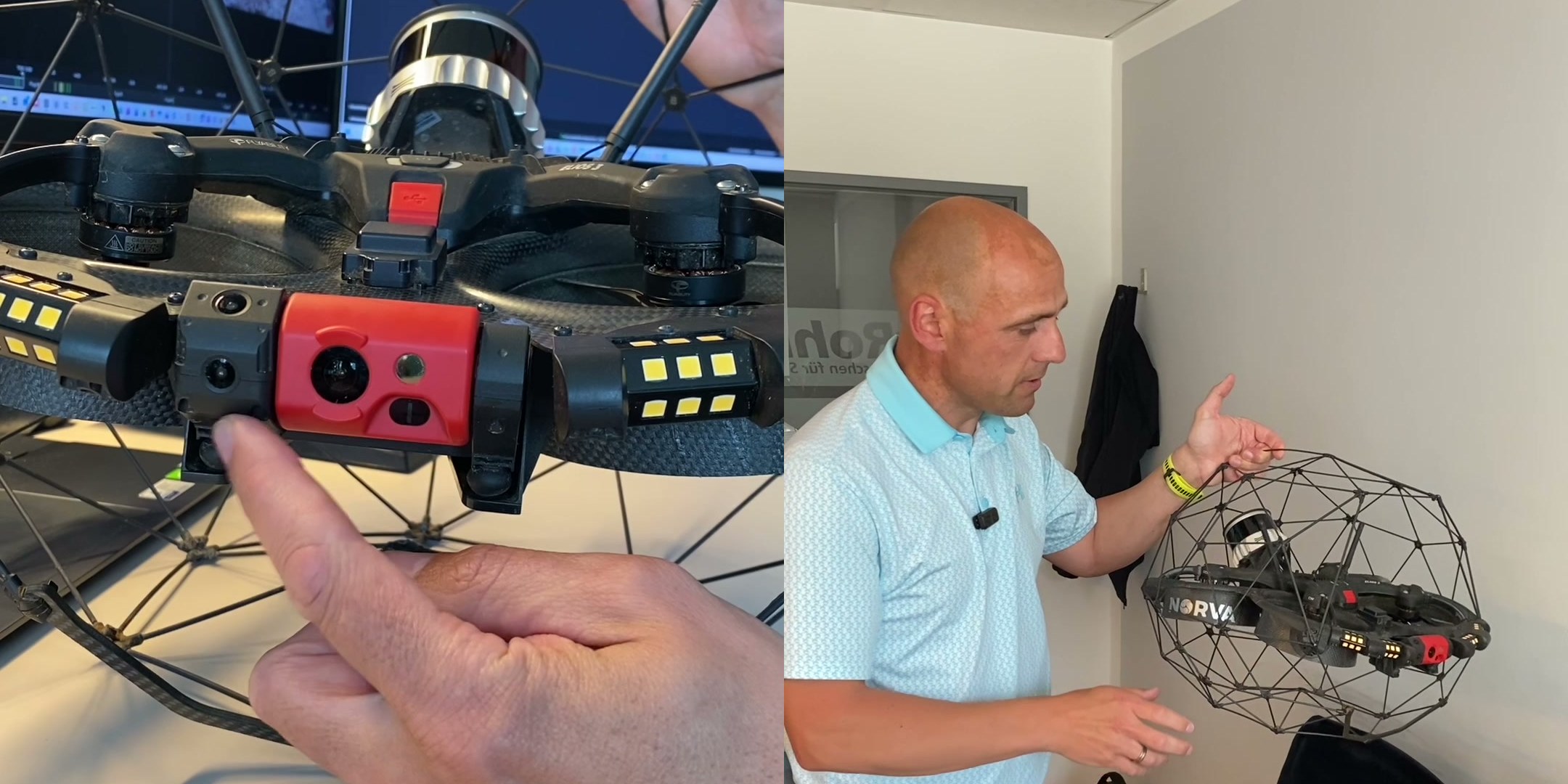Links die Kameraeinheit der Elios 3 in Nahaufnahme mit roter Kamera und LED-Panels, rechts Thomas G&uuml;ttler von ExRohr mit der Drohne im Carbon-K&auml;fig