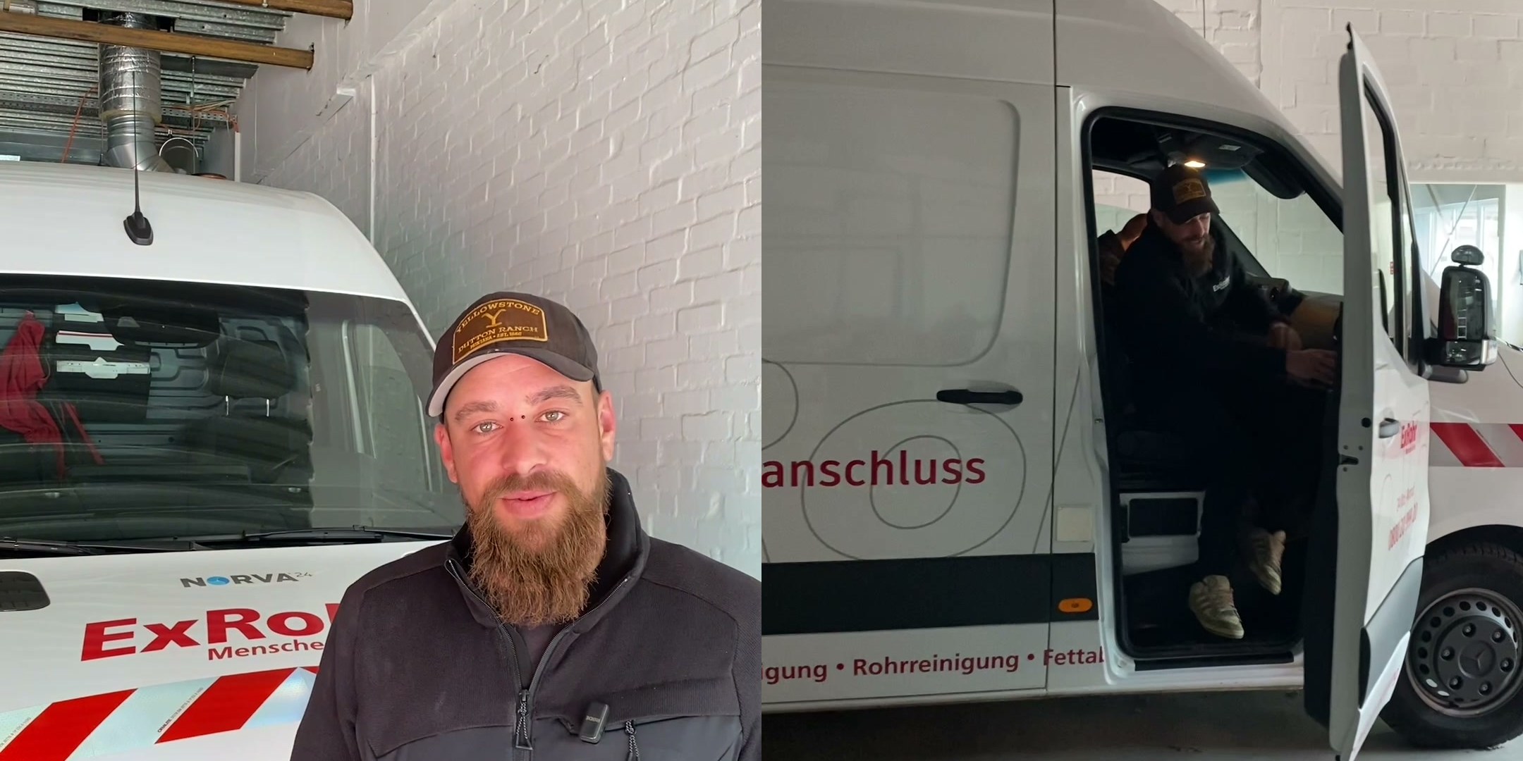 Nico, Rohrreiniger bei ExRohr, mit Kappe und Bart vor einem Einsatzwagen, daneben steigt er in den Transporter