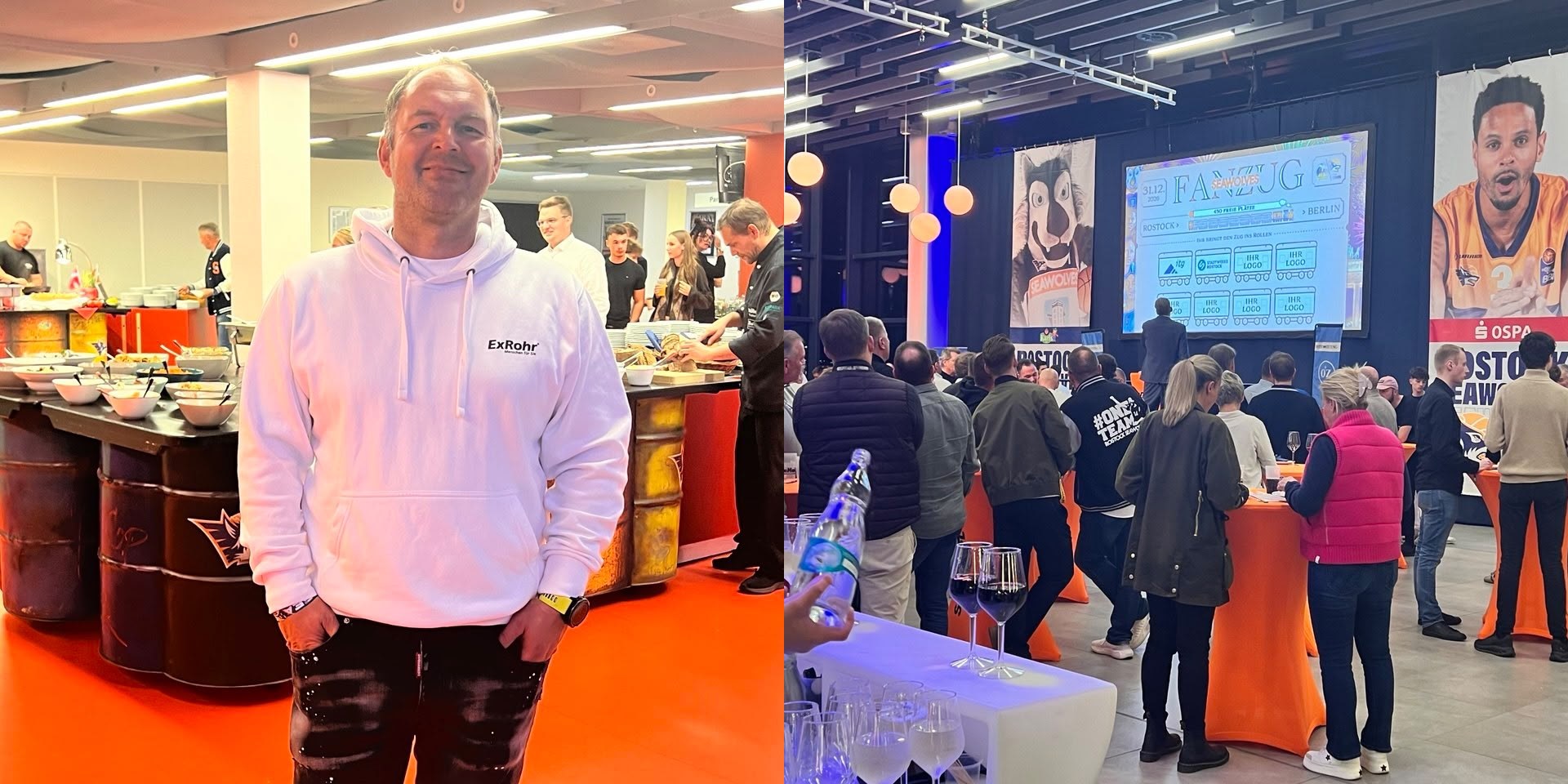 Mitarbeiter von ExRohr im weißen ExRohr-Hoodie im Business Club der Rostock Seawolves, daneben Gäste an Stehtischen vor einer Leinwand