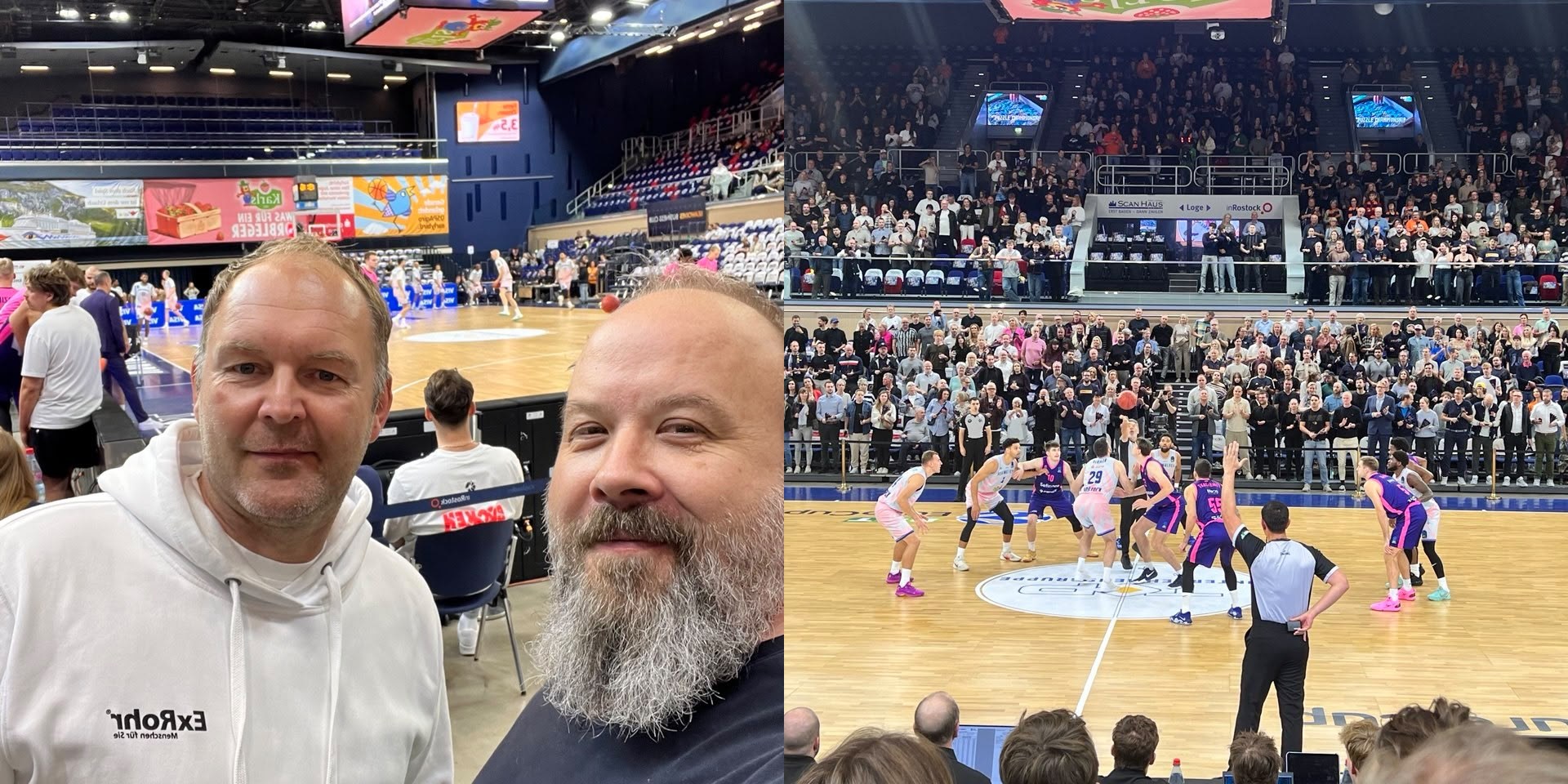 Zwei Mitarbeiter von ExRohr im weißen ExRohr-Hoodie und im dunklen Shirt am Spielfeldrand in Rostock, daneben der Sprungball vor vollen Rängen