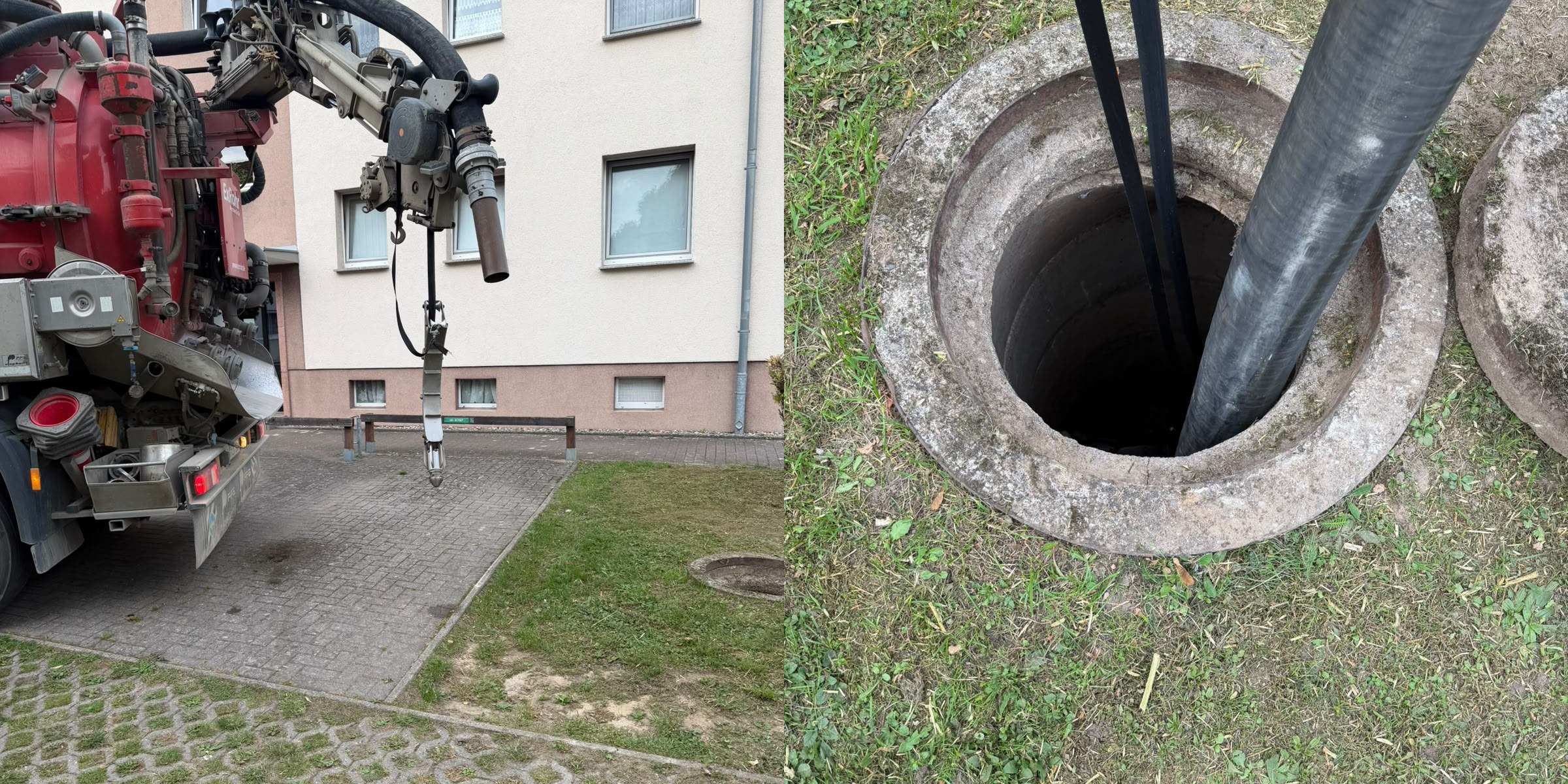 Saugwagen von ExRohr mit ausgefahrenem Saugarm vor einem Mehrfamilienhaus, daneben der schwere Saugschlauch in einem ge&ouml;ffneten Schacht im Rasen