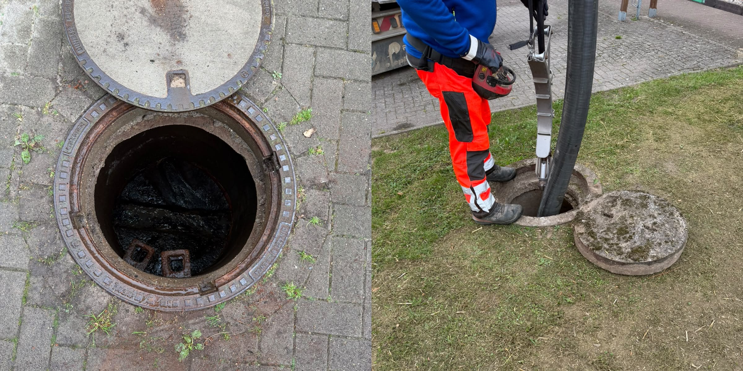 Links ein ge&ouml;ffneter Schacht im Pflaster, dessen Boden voll mit schwarzem Schlamm ist, rechts ein Monteur von ExRohr mit Funksteuerung an einem Schacht im Rasen, in dem der Saugschlauch steckt