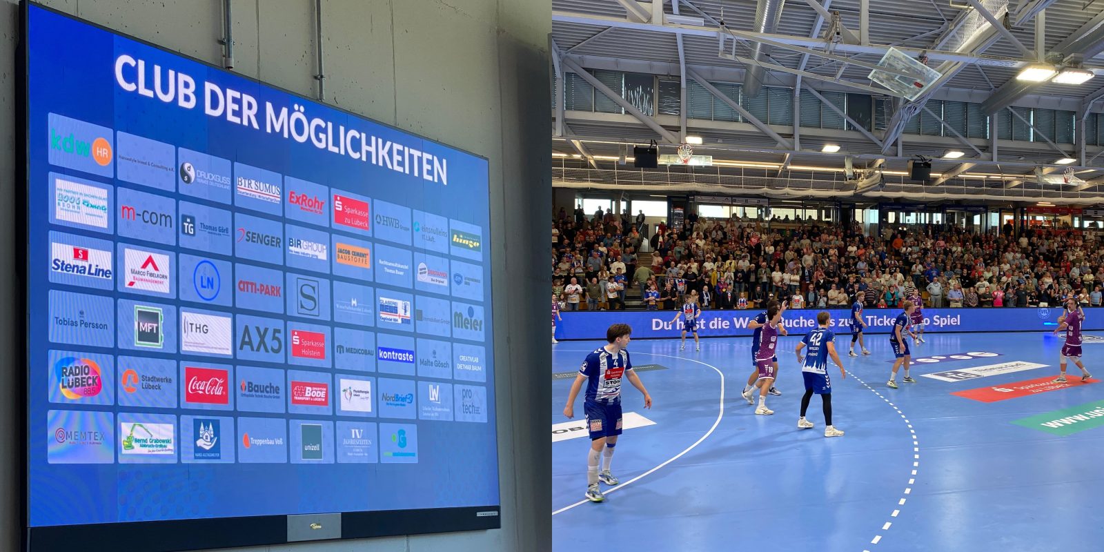 Tafel des Club der Möglichkeiten mit dem Logo von ExRohr und eine Spielszene VfL Lübeck-Schwartau gegen TV Hüttenberg in der vollen Hansehalle