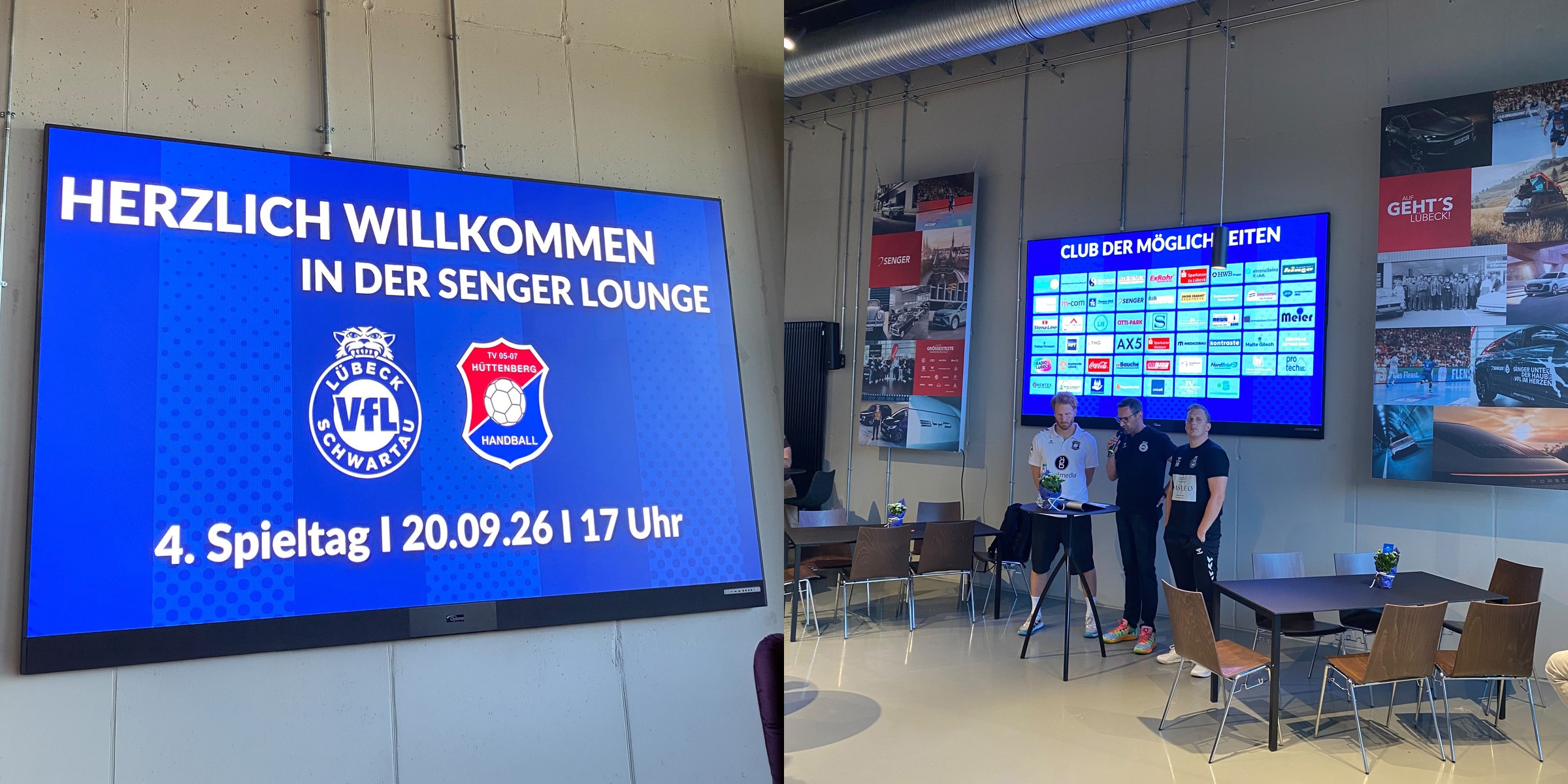 Begrüßung zum 4. Spieltag VfL Lübeck-Schwartau gegen TV Hüttenberg auf dem Bildschirm der Senger Lounge, daneben die Tafel des Club der Möglichkeiten und ein Stehtisch mit Mikrofon