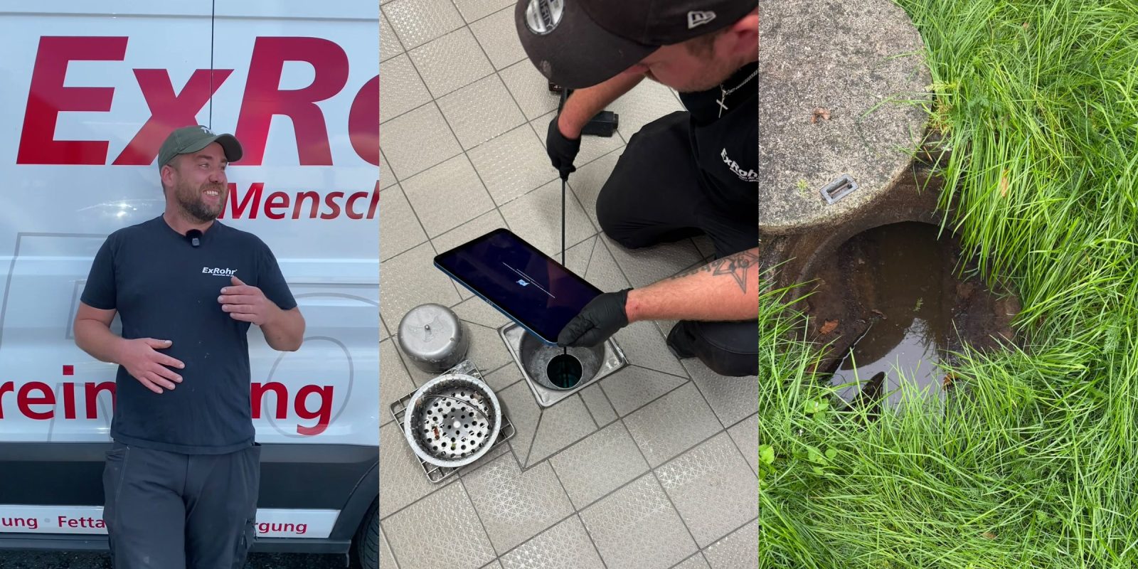Robert, Monteur bei ExRohr, vor dem Einsatzwagen, daneben eine Kamera im Bodenablauf und ein geöffneter Schacht im Garten