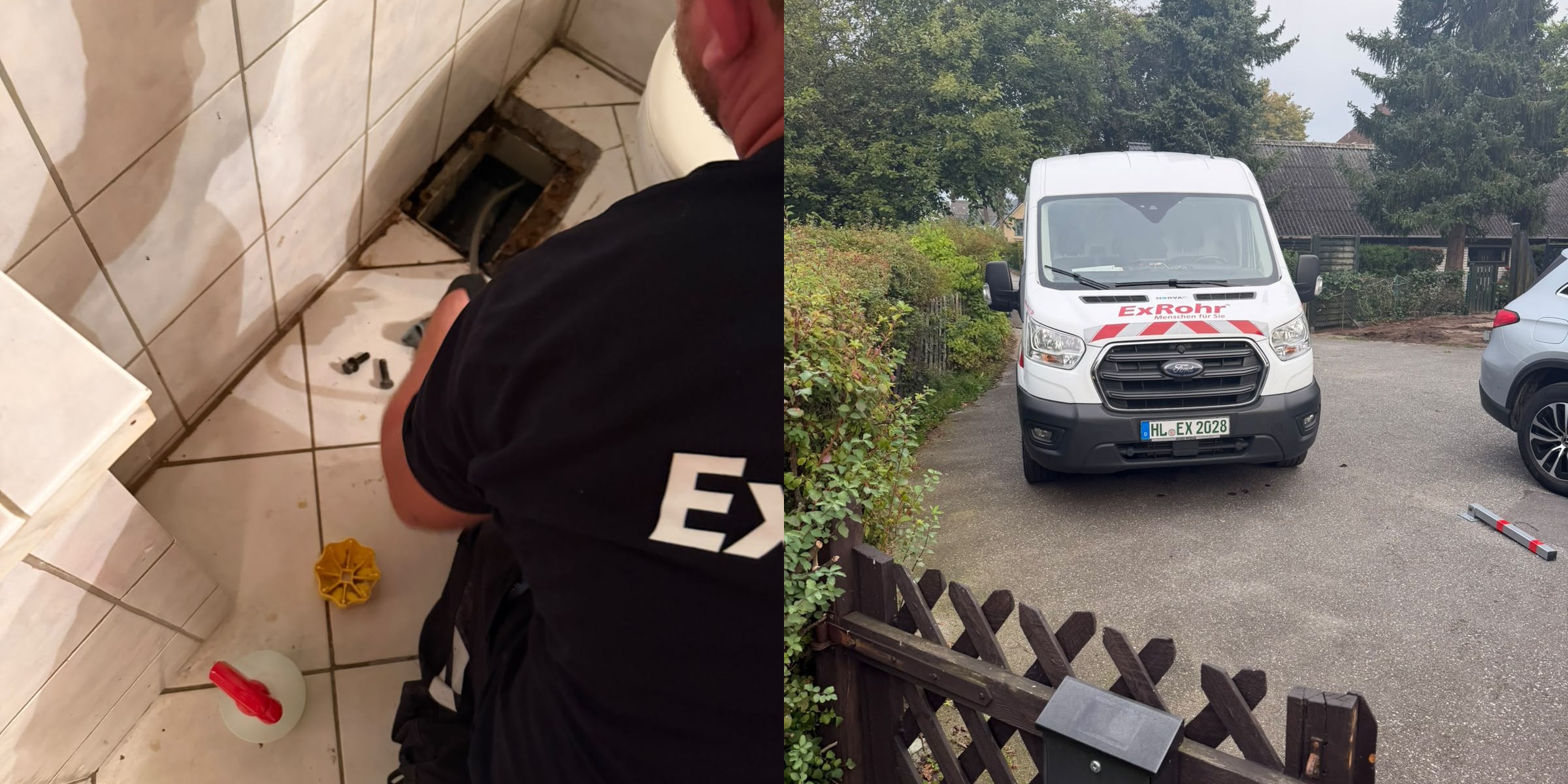 Links ein Monteur von ExRohr an einem ge&ouml;ffneten Bodenablauf in einem gefliesten Sanit&auml;rraum, rechts der Einsatzwagen von ExRohr in der Einfahrt eines Einfamilienhauses