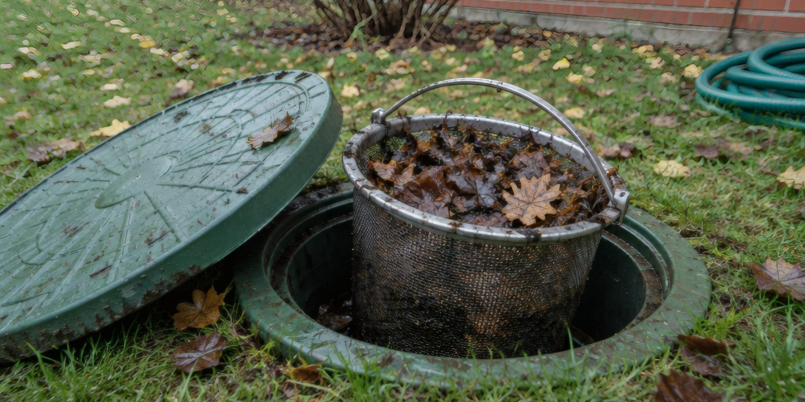 Symbolbild, KI-generiert: Filterkorb einer Zisterne voller Herbstlaub