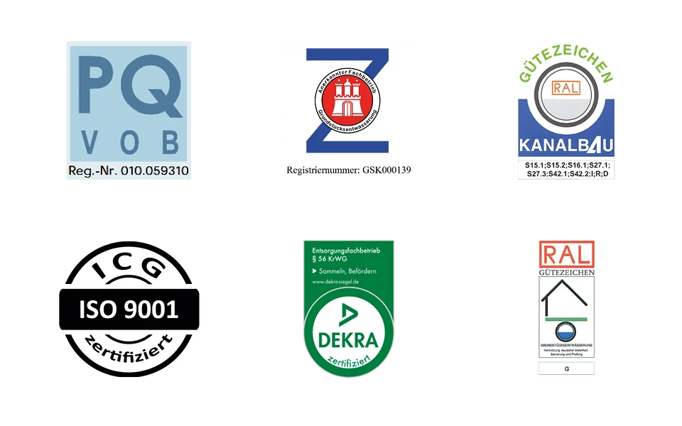 Prüfsiegel von ExRohr: PQ VOB, Güteschutz Kanalbau, ISO 9001, DEKRA Entsorgungsfachbetrieb und RAL Gütezeichen